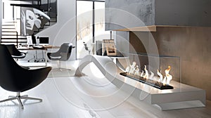 A chic modern office space with a bioethanol fireplace adding a touch of warmth and sophistication to the sleek decor photo