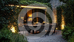 Chic Outdoor Dining Area with Elegant Lighting photo