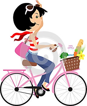 Chic Paris Girl in bike, cute black hair woman in bicycle with groceries clip art