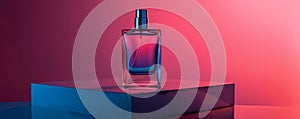 Chic Perfume Bottle on Glossy Cyan Platform with Gradient Pink Backdrop for High-End Brand Marketing