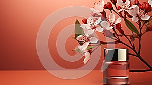 Chic perfume bottle surrounded by delicate spring blossoms on a warm red backdrop.