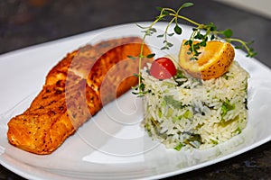 Chic plate of grilled salmon with broccoli rice garnished with fine herbs.