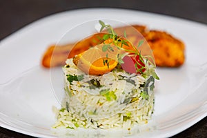 Chic plate of grilled salmon with broccoli rice garnished with fine herbs.