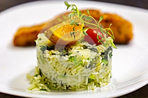 Chic plate of grilled salmon with broccoli rice garnished with fine herbs.