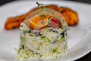 Chic plate of grilled salmon with broccoli rice garnished with fine herbs.