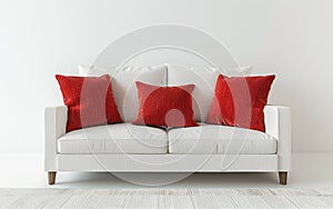 Chic Red Throw Pillow on White Sofa Against White Backdrop -Generative ai