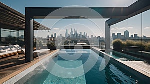 chic rooftop pool with a stunning view of the city skylin three generative AI