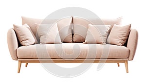 Chic Scandinavian-style sofa in beige with clean lines and cushions, set on natural wood legs. Couch isolated on white