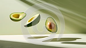 Chic and stylish composition with levitating avocado halves in copy space