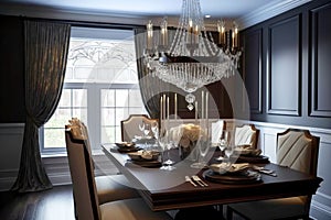 A chic and stylish dining room with a large crystal chandelier and a dark wood table. Generative Ai