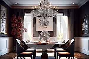 A chic and stylish dining room with a large crystal chandelier and a dark wood table. Generative Ai