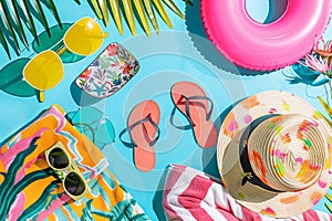 Chic Summer Essentials: Trendy flip flops, oversized sun hats, Generative AI