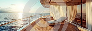 Chic summer yacht deck with flowing white curtains and ocean view.