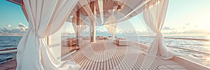 Chic summer yacht deck with flowing white curtains and ocean view.