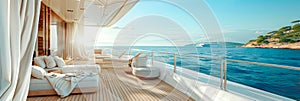 Chic summer yacht deck with flowing white curtains and ocean view.