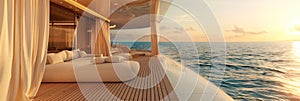 Chic summer yacht deck with flowing white curtains and ocean view.