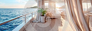 Chic summer yacht deck with flowing white curtains and ocean view.