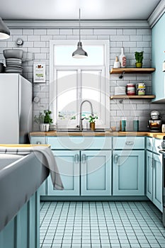 A chic and trendy kitchen recently renovated in a refreshing light blue hue