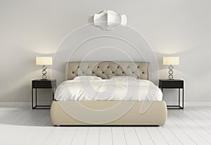 Chic gris mechones de cama de cuero en el ambiente contemporáneo dormitorio frente.
