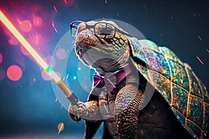 Chic turtle, coat, glasses, funny, fashion, wallpaper, poster. Generative AI .