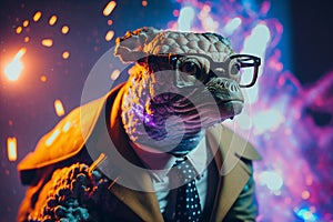 Chic turtle, coat, glasses, funny, fashion, wallpaper, poster. Generative AI .