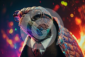 Chic turtle, coat, glasses, funny, fashion, wallpaper, poster. Generative AI .