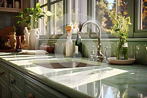 Chic, upscale kitchen with sage green counter, sink, and abundant sunlight