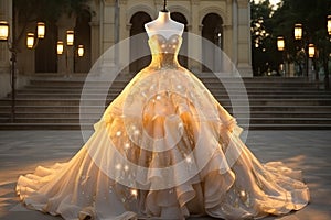 Chic wedding dress with gold embroidery on a mannequin against the background of a house with a staircase.