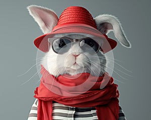 Chic white bunny with red accessories, perfect for quirky and creative concepts.