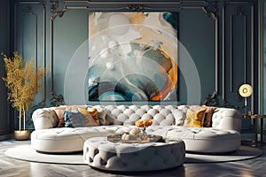 Chic white curved tufted sofa and pouf against teal classic wall panels with vibrant colorful art poster. Art deco style home