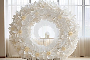 Chic white floral wreath wedding backdrop with sun rays streaming indoors for a summer aesthetic