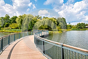 Walking bridge in the Chicago Botanic Garden, summer landscape, Glencoe,USA photo
