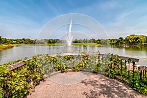 Chicago Botanic Garden Landscape with fountain in the pond, Glencoe, USA