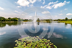 Chicago Botanic Garden Landscape with fountain in the pond, Glencoe, USA