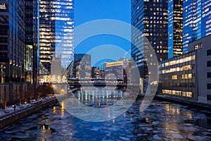 Chicago bridge over icy river in winter