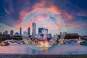 Chicago Buckingham Fountain Sunset, Chicago, IL, USA