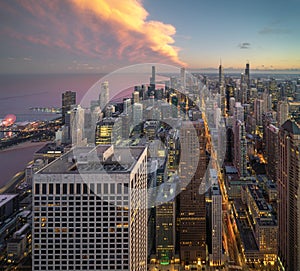 Chicago building city view from observation deck high level with sunset sky