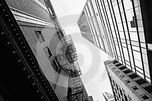 Chicago buildings, towering overhead, black and white. Illinois, USA