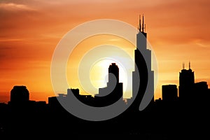 Chicago city downtown urban skyline at dusk on the Sunset