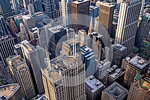 Chicago city skyscrapers aerial view, blue sky background. Skydeck observation deck