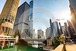 Chicago city view across the canal at summer