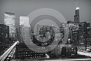 Chicago cityscape at night. Lake Street and Interstate 90. Long exposure.