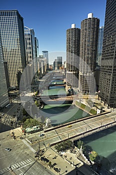 Chicago cityscape and river in Illinois USA