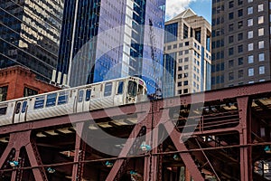 Chicago train on a bridge, skyscrapers background, low angle view