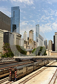 Chicago cityscape with a trains on the station in downtown , US