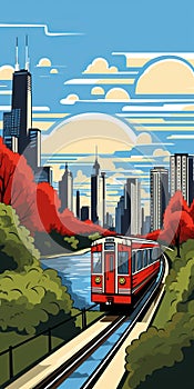 Chicago Cityscape: A Vibrant Art Nouveau Train Journey