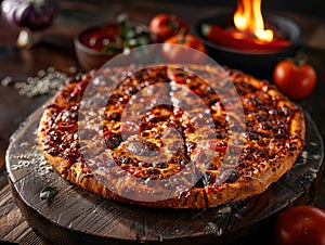 Chicago deep dish pizza arrange on the table. Delicious Chicago-style pizza photography, explosion flavors, studio