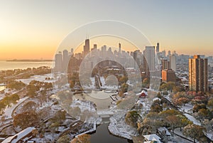 Chicago downtown aerial autumn snow Lincoln Park