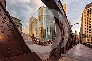 Chicago city and bridges at sunset in Chicago, Illinois