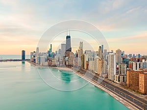 Chicago downtown buildings aerial Lake Michigan